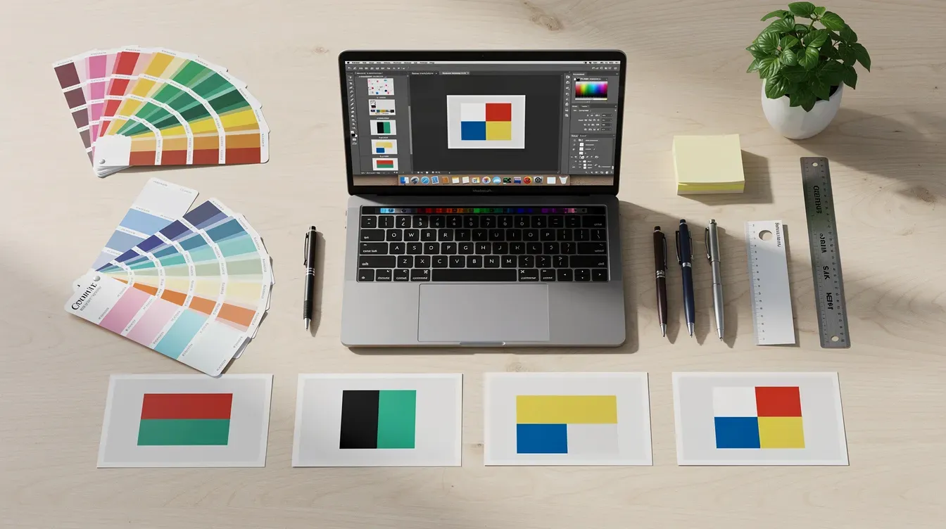 The image depicts a designer workspace featuring printed postcard mockups, vibrant color swatches, and a laptop displaying a design tool, illustrating a creative environment focused on developing marketing strategies and enhancing brand identity. This setup highlights the importance of visual elements in digital marketing and engaging prospective customers.