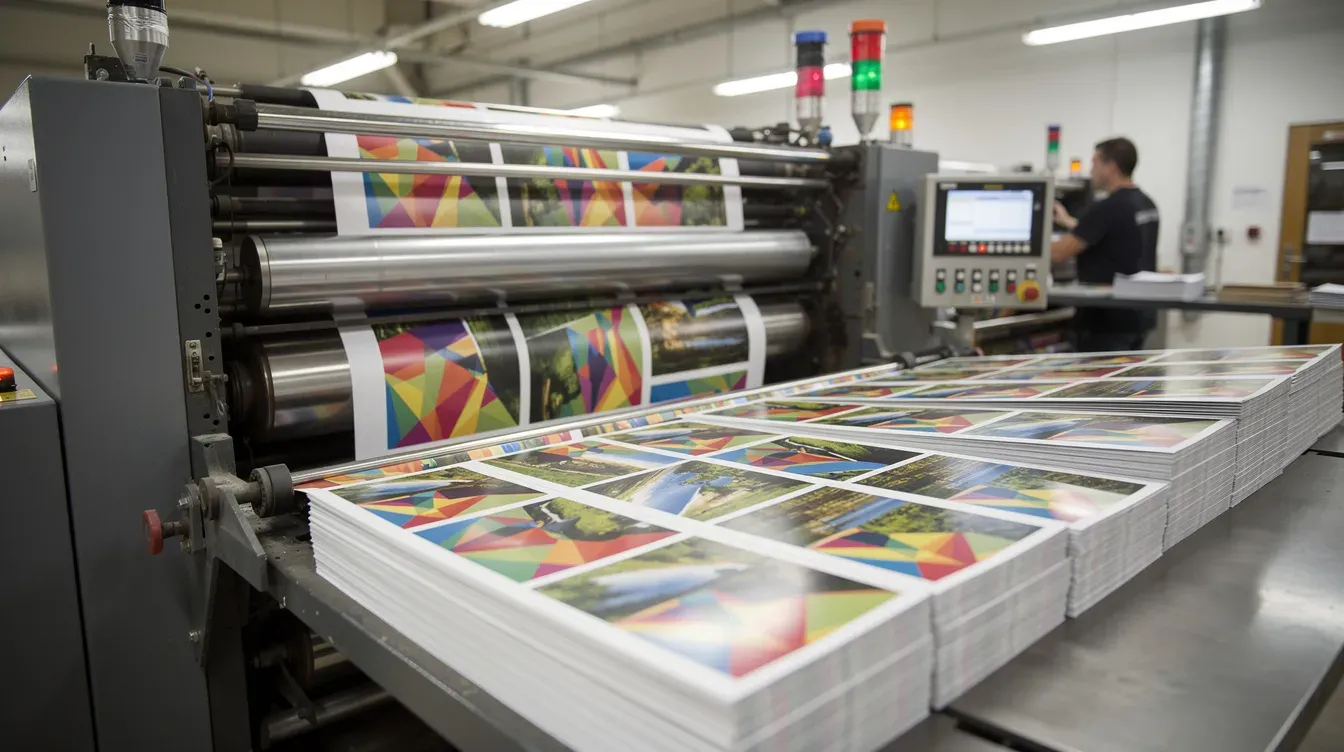 The image shows a commercial printing press actively producing a batch of full-color oversized postcards, showcasing vivid imagery that is ideal for direct mail marketing campaigns aimed at attracting new customers for home services businesses. The postcards, designed with professional templates, are ready to be delivered to customers' mailboxes, enhancing the effectiveness of home services marketing efforts.