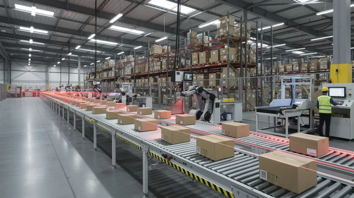 The image depicts a modern warehouse filled with automated machinery and conveyor belts efficiently processing packages, showcasing the advanced technology involved in the mailing process. This facility is designed to handle high volumes of business mail, ensuring reliable delivery for important documents and letters.
