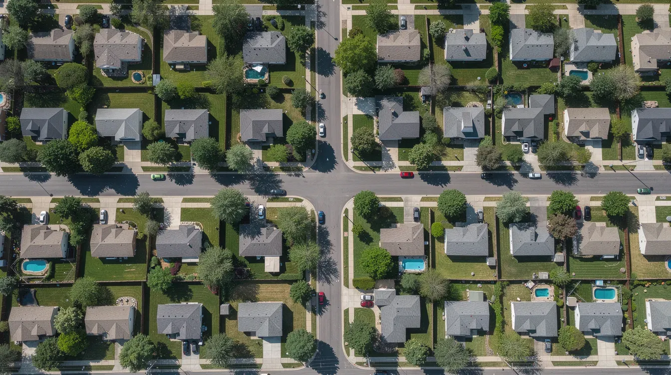 An aerial view of a sunny suburban neighborhood showcases uniform houses with manicured lawns and tree-lined streets, creating a serene atmosphere. This picturesque scene reflects the ideal setting for home services marketing campaigns targeting new homeowners and local residents through direct mail postcards.