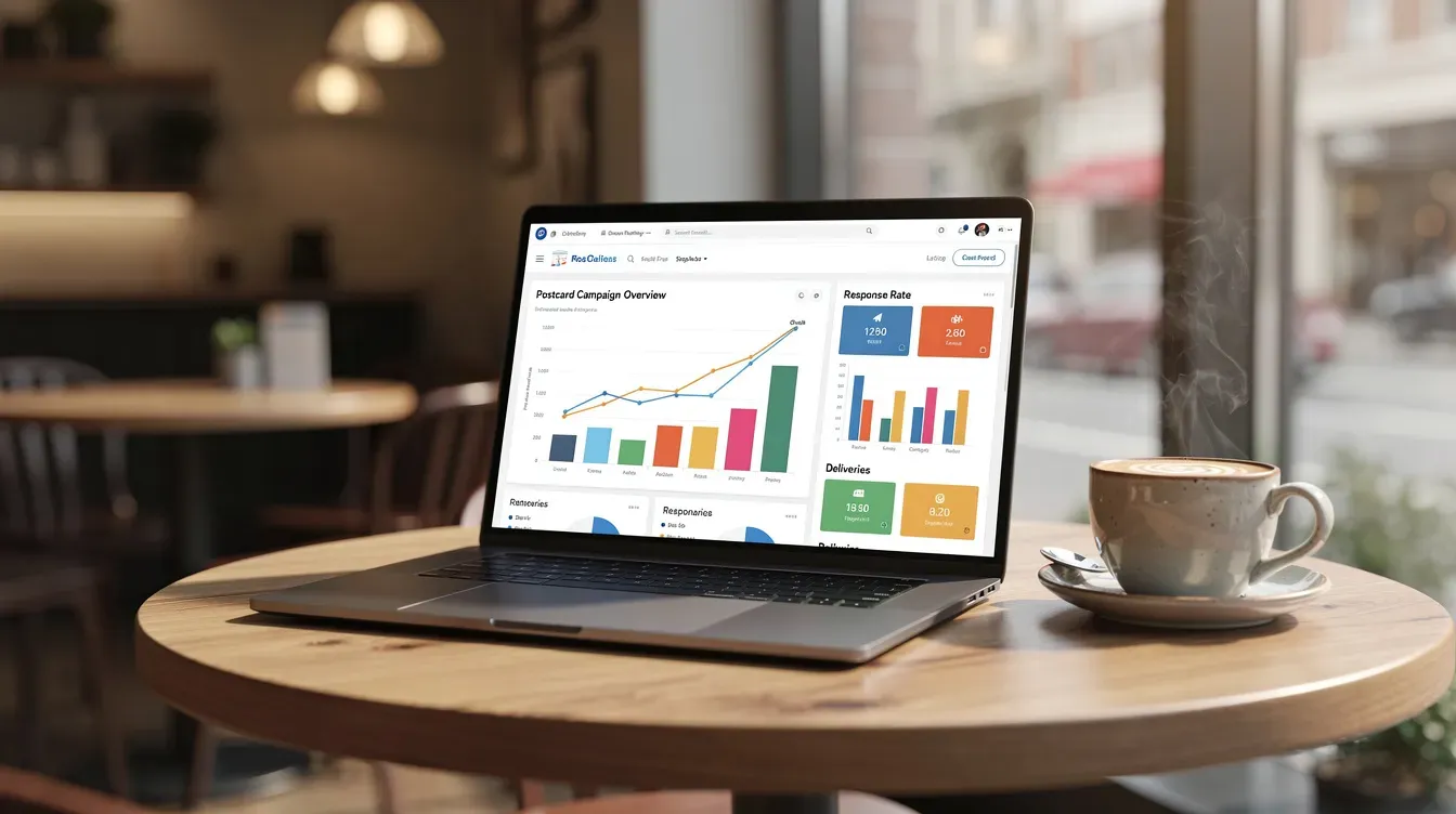 An open laptop sits on a cafe table, displaying a postcard campaign dashboard that highlights various marketing strategies, while a steaming coffee cup rests nearby, inviting creativity and focus for digital marketing efforts.