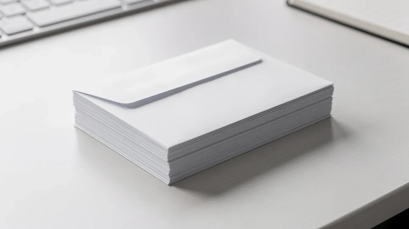 The image shows a tidy arrangement of white business envelopes stacked neatly on an office table, ready for the mailing process. These envelopes are ideal for sending important mail, such as invoices or documents, through services like first class mail or priority mail.